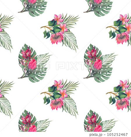 Watercolor seamless pattern with monstera and palm tropical leaves and protea flowers. Jungle design illustration for fabrics, covers, prints. hand drawn botanical illustration 105252467
