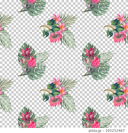 Watercolor seamless pattern with monstera and palm tropical leaves and protea flowers. Jungle design illustration for fabrics, covers, prints. hand drawn botanical illustration Watercolor seamless pattern with monstera and palm tropical leaves and protea flowers. Jungle design illustration for fabrics, covers, prints. hand drawn botanical illustration 105252467