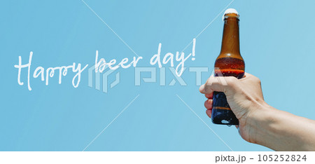 man with a beer bottle and text happy beer day man with a beer bottle and text happy beer day 105252824