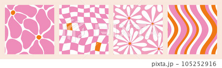 1970 Daisy Flowers, Trippy Grid, Wavy Swirl Seamless Pattern in Orange, Pink Colors. Hand-Drawn Vector Illustration. Seventies Style, Groovy Background, T-Shirts. Flat Design, Hippie Aesthetic. 105252916