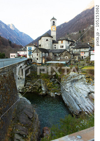 River, bridge, buildings in the town of Lavertezzo. Switzerland. Alps 105253062