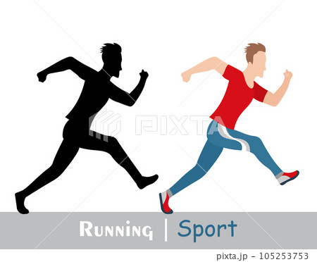 Running fat man and his silhouette. Active people, fitness, sports movement. Side view. Vector in flat design 105253753