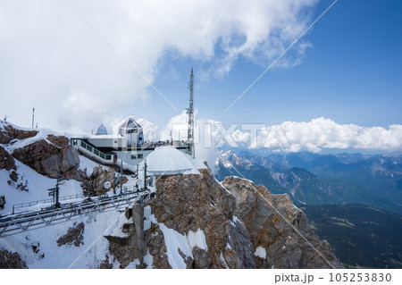 View of Zugspitze and cable car station in the Alps. 105253830