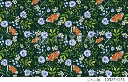 Floral seamless pattern with butterflies, small meadow flowers, leaves. watercolor Floral seamless pattern with butterflies, small meadow flowers, leaves. watercolor 105254178