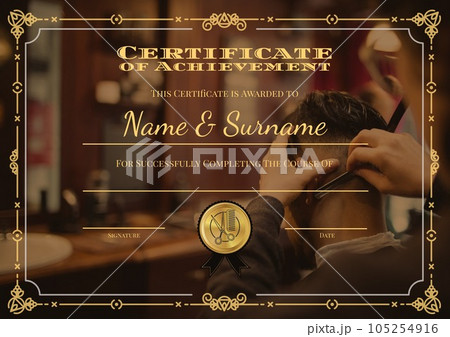 Certificate of achievement over caucasian female barber cutting asian man hair 105254916
