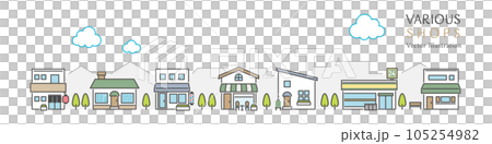シンプルなお店が並ぶ街並みのベクターイラスト 105254982