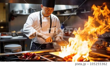 Asian chef cooking in restaurant Asian chef cooking in restaurant 105255362