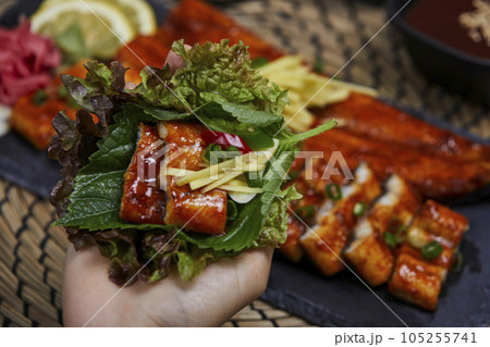 korean traditional food, grilled eel wraps korean traditional food, grilled eel wraps 105255741