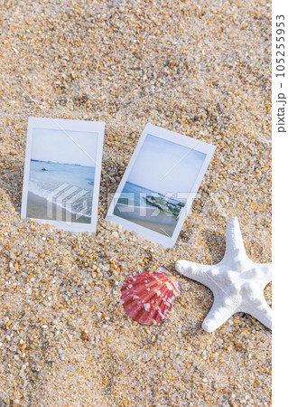 beach, polaroid camera and seashall 105255953