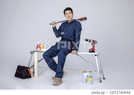 millennials and gen z, korean asian young man, site staff sitting in the work field millennials and gen z, korean asian young man, site staff sitting in the work field 105256946