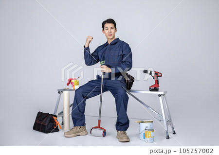 millennials and gen z, korean asian young man, site staff sitting in the work field 105257002