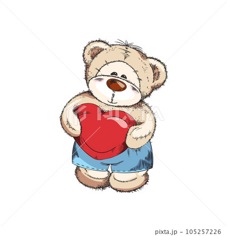 Funny cute Teddy bear toy with heart, sketch vector illustration isolated. 105257226