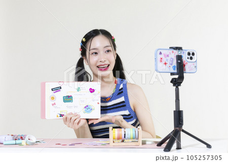 vintage y2k retro concept photo of korean asian cute woman filming diary decoration 105257305