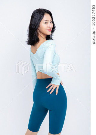 healthy beauty concept photo of korean asian beautiful woman stretching 105257465