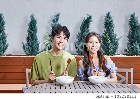 summer lifestyle, korean asian young couple with health food summer lifestyle, korean asian young couple with health food 105258313