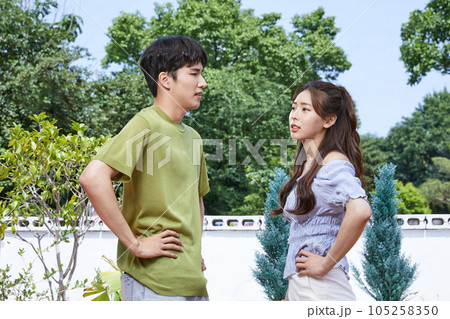 summer lifestyle, korean asian young couple fighting over discomfort Index summer lifestyle, korean asian young couple fighting over discomfort Index 105258350