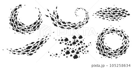 Shoal of fish. Tropical sea group of herring and salmon, swim in group and school underwater, cartoon coral reef ecosystem with fish. Vector illustration Shoal of fish. Tropical sea group of herring and salmon, swim in group and school underwater, cartoon coral reef ecosystem with fish. Vector illustration 105258634