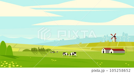 Rural summer landscape. Farm panorama with fields and animals. Horizontal country scenery with meadow and farm buildings. Vector illustration 105258652