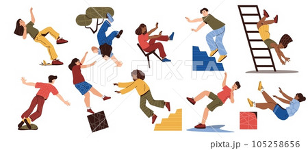 People slipping and falling. Cartoon characters stumble and fall down, accident risk warning and caution sign. Vector isolated set 105258656