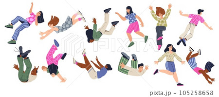 Falling characters. Cartoon flying male and female characters, floating fantasy persons in air, happy dream process. Vector isolated set Falling characters. Cartoon flying male and female characters, floating fantasy persons in air, happy dream process. Vector isolated set 105258658