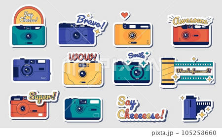Camera stickers. Retro movie and photography camera badge, vintage film strip and photo accessory. Vector camera doodle set 105258660