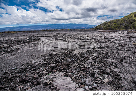 ハワイ　ハワイ島　固まった溶岩のむこうにあるマウナロア 105258674