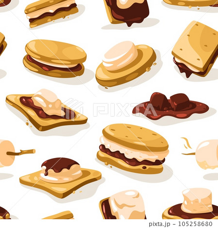 Smore pattern. Seamless print of nostalgic american campfire smores dessert, cracker chocolate graham marshmallow. Vector picnic food texture 105258680