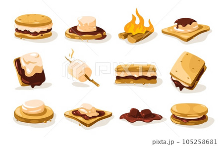 Smore set. Cartoon crispy roasted marshmallow sweet snack, yummy dessert with chocolate cookie mascots, summer campfire snack. Vector isolated collection 105258681