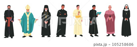 Catholic church characters. Christian religion church leaders in different clothes, catholicism religious clergyman pastor priest pope. Vector cartoon set 105258686
