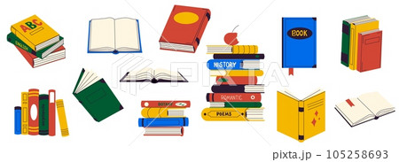 Books collection. Cartoon library of fiction and non fiction books, study and school supply organized and stacked. Vector set 105258693