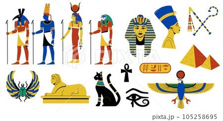 Egyptian mythology collection. Ancient Egyptian religion and archeology, hieroglyphic symbols of ancient pharaohs gods and goddesses. Vector set 105258695