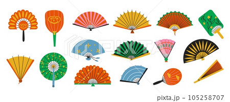 Flat asian fans. Folded oriental bamboo paper fans, open chinese japanese and korean traditional accessory. Vector collection Flat asian fans. Folded oriental bamboo paper fans, open chinese japanese and korean traditional accessory. Vector collection 105258707