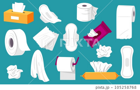 Paper tissue collection. Paper roll with tissues wet and dry, clean napkins box, everyday hygiene products cartoon flat style. Vector isolated set Paper tissue collection. Paper roll with tissues wet and dry, clean napkins box, everyday hygiene products cartoon flat style. Vector isolated set 105258768