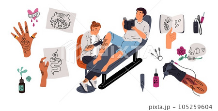 Tattoo salon professional tools. Artistic studio elements. Tattooist with client on armchair. Ink bottles and tattooing needle machines. Sketch pages. Master work. Garish vector set 105259604