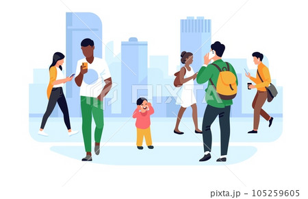 Small child is lost and crying in city street. Lonely kid. Indifferent people walking with smartphones in park. Missing baby. Searching forgotten son. Careless society. Vector concept 105259605