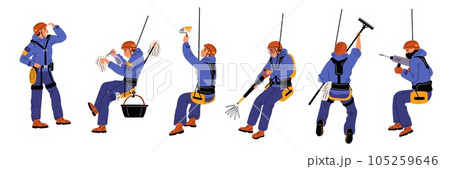 Cartoon industrial climber character. Man in uniforms hanging on safety cable with and winch. Skyscraper window washing. Buildings painting. Professional cleaners. Garish vector set 105259646