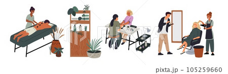 Beauty center services. Professionals take care of visitors. Massage therapist. Manicurist and hairdresser. Cosmetology specialists work in salon. Skincare procedures. Garish vector set Beauty center services. Professionals take care of visitors. Massage therapist. Manicurist and hairdresser. Cosmetology specialists work in salon. Skincare procedures. Garish vector set 105259660