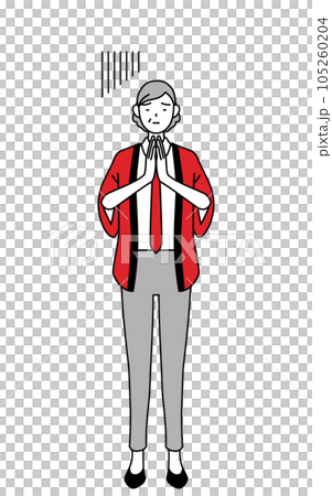 体の前で手を合わせて謝る赤い法被を着た販売員のシニア女性 105260204