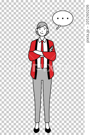 A senior saleswoman wearing a red happi coat thinking with her arms crossed 105260206
