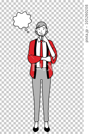 A senior saleswoman wearing a red happi coat thinking while scratching her face 105260208