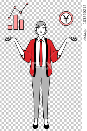 An image of DX, a senior female salesperson wearing a red happi coat to guide the improvement of performance and sales 105260212