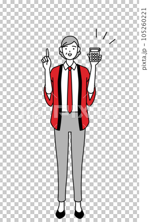 A senior female salesperson wearing a red happi coat pointing with a calculator A senior female salesperson wearing a red happi coat pointing with a calculator 105260221