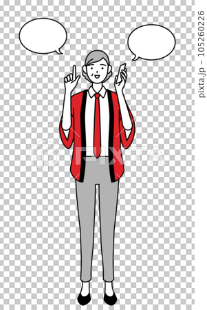 A senior female salesperson wearing a red happi coat pointing while making a phone call 105260226