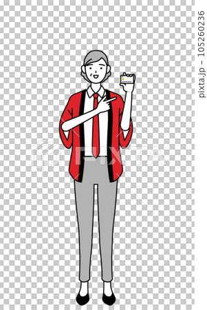 A senior female salesperson wearing a red happi coat recommending credit card payment A senior female salesperson wearing a red happi coat recommending credit card payment 105260236