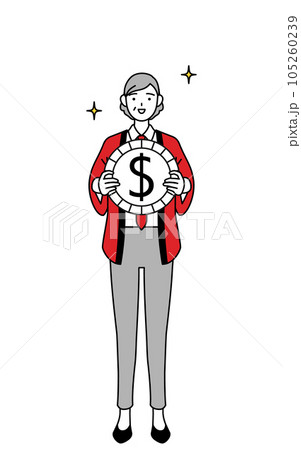 為替差益やドル高のイメージ、赤い法被を着た販売員のシニア女性 105260239