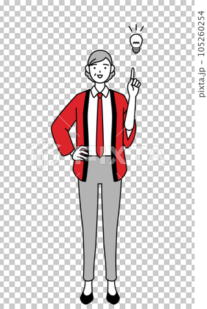 A senior saleswoman wearing a red happi coat who came up with an idea 105260254