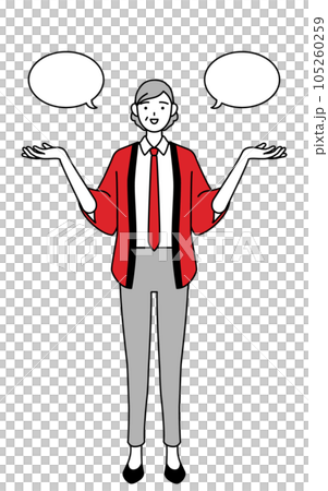 A senior female salesperson wearing a red happi coat with a balloon and making a comparison 105260259