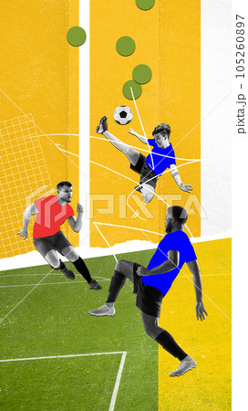 Young people, emn, football players in motion, training, playing on sportsfield. Colorful design. Contemporary art collage. 105260897