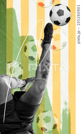 Vertical design with male legs, football player in motion, hitting ball during match. Contemporary art collage. Vertical design with male legs, football player in motion, hitting ball during match. Contemporary art collage. 105260901
