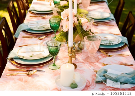 Summer holiday tablescape, pink formal dinner table setting, table scape with elegant tableware and dinnerware for wedding party and event decor 105261512